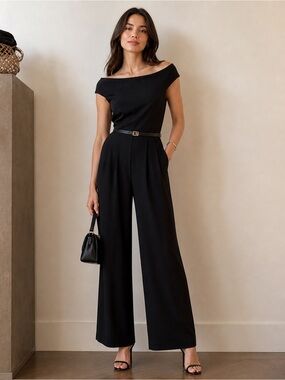 NWT Calvin Klein Black Off the Shoulder Wide Leg Jumpsuit with Belt